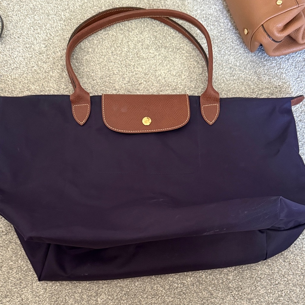 Longchamp Dark Eggplant Color Tote with Brown Handles